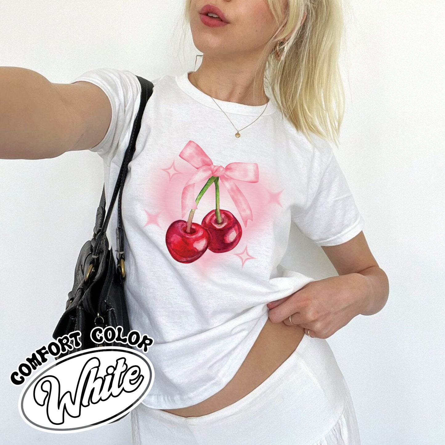 Pink Bow Coquette Comfort Colors Shirt, Baby Tee Women Bow, Ribbon Bow Shirt, Cherry Bow Shirt