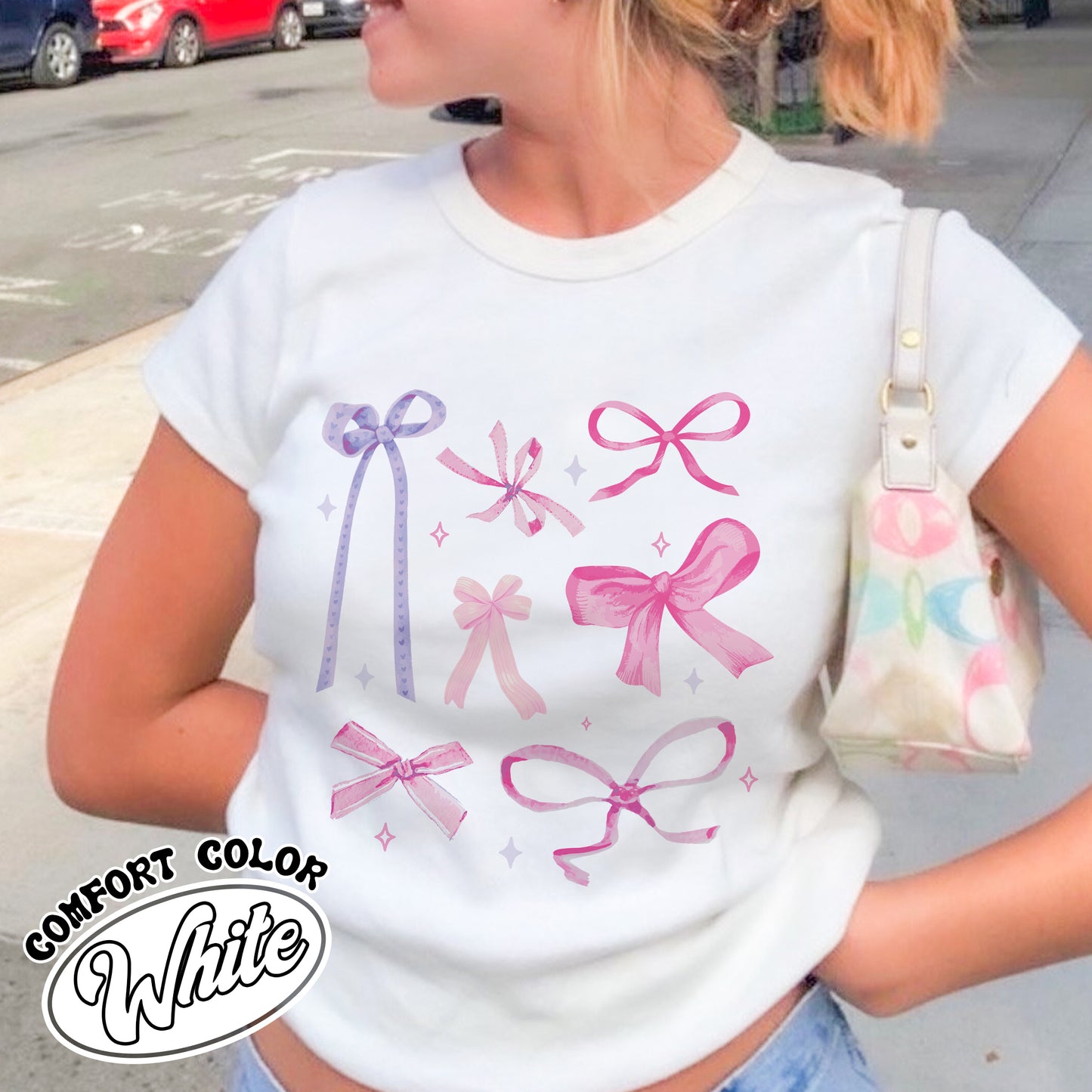Pink Bow Coquette Comfort Colors Shirt, Baby Tee Women Bow, Ribbon Bow Shirt, Coquette Bow Shirt