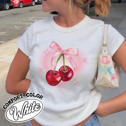 Pink Bow Coquette Comfort Colors Shirt, Baby Tee Women Bow, Ribbon Bow Shirt, Cherry Bow Shirt