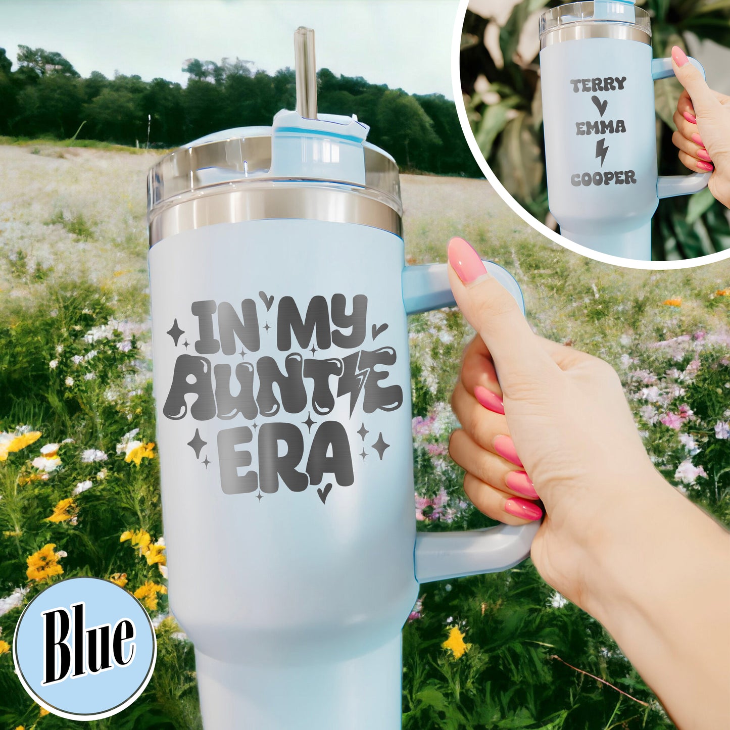 Personalized Auntie Tumbler 40oz, Auntie Era Tumbler, In My Auntie Era Tumbler, Auntie Gift, Promoted To Auntie Tumbler, Tumbler With Handle