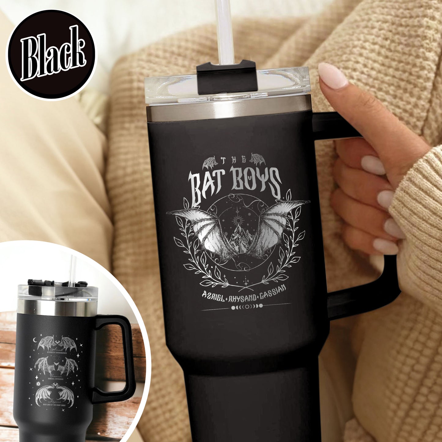 The Bat Boys Tumbler 40oz With Handle, ACOTAR Tumbler 40oz With Handle, Bat Boys Wings