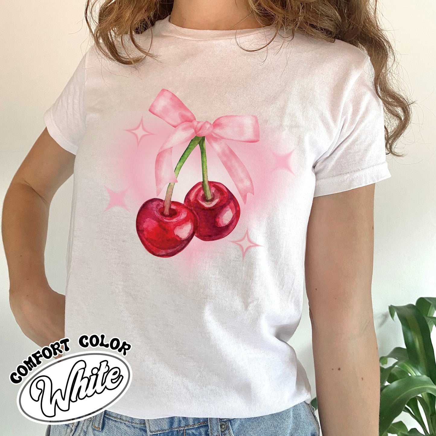 Pink Bow Coquette Comfort Colors Shirt, Baby Tee Women Bow, Ribbon Bow Shirt, Cherry Bow Shirt