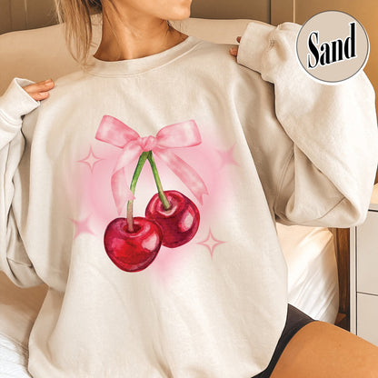 Cherry Bow Sweatshirt, Coquette Cherry Bow, Bow and Cherry Sweatshirt, Coquette Cherry and Bow Sweatshirt, Cherry Bow Aesthetic Sweater