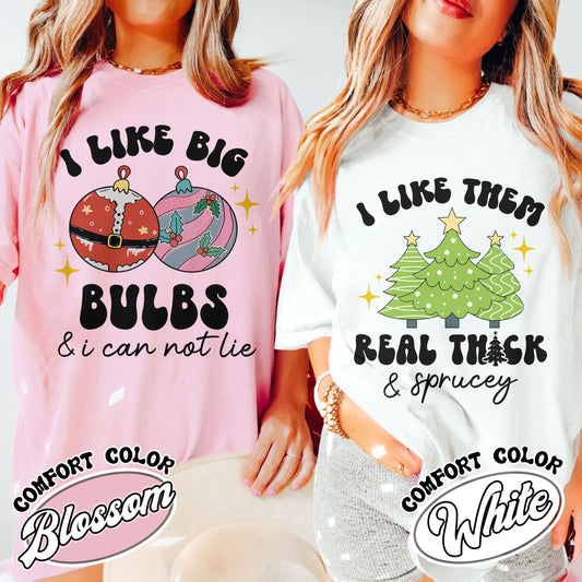 Funny Couples Christmas Comfort Color, I Like Big Bulbs, Christmas Matching Couple Shirts, Husband Wife Shirts, Christmas Couples Pajamas