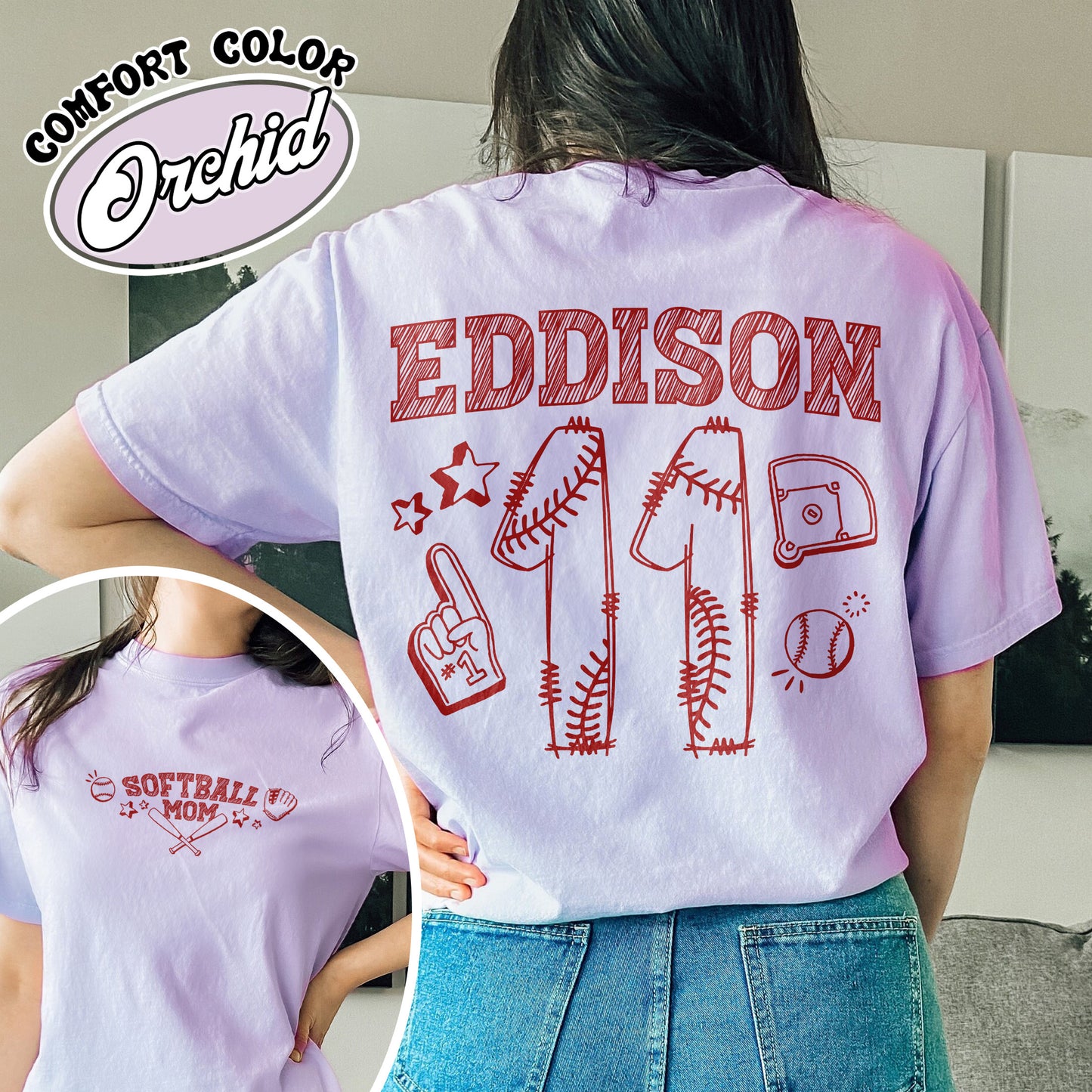 Mother’s Day Comfort Color Shirt, Softball Mama T Shirt, Custom Name and Number Softball Mom Shirt