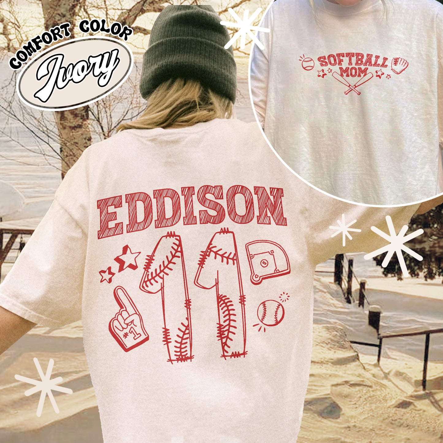 Mother’s Day Comfort Color Shirt, Softball Mama T Shirt, Custom Name and Number Softball Mom Shirt