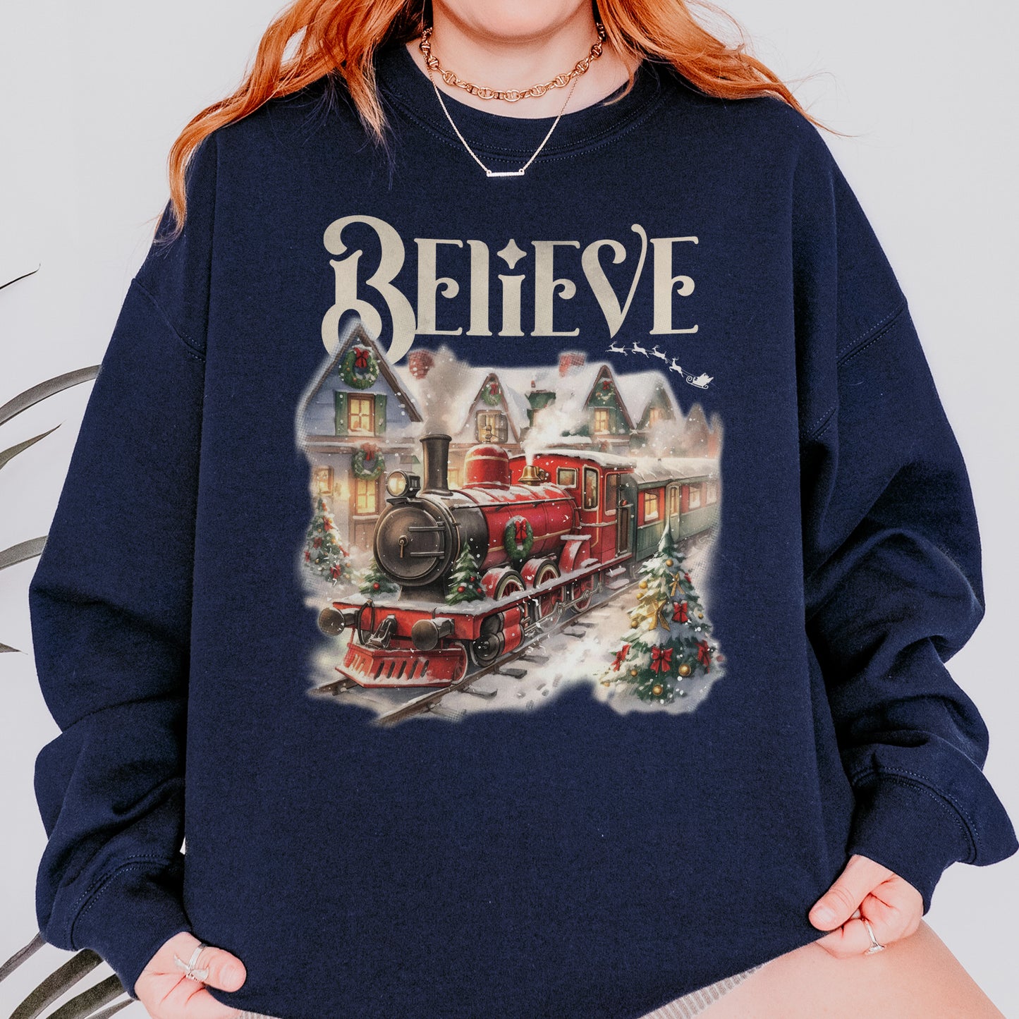 Believe Polar Express Christmas Train Sweatshirt | Holiday Santa Sleigh Sweatshirt