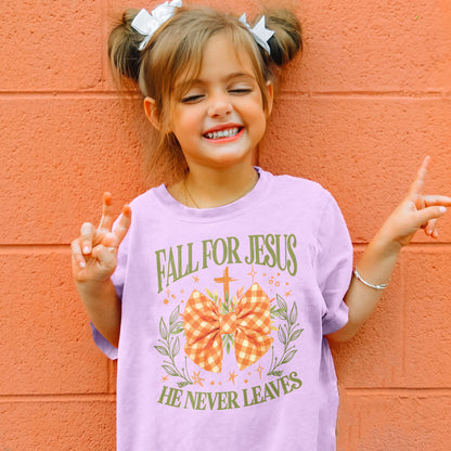 Fall For Jesus: Christian Faith, He Never Leaves Autumn Praise Youth Tshirt