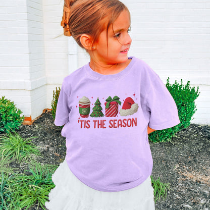 Tis The Season Shirt: Christmas Coffee, Holiday Gift, Santa Hat Tree, Festive Christmas Outfit Youth Tshirt