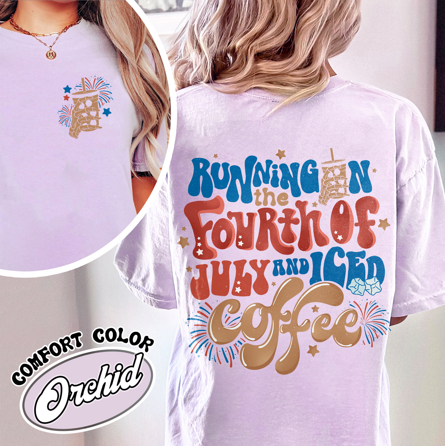 Running On The 4th Of July And Iced Coffee Comfort Colors Shirt, Patriotic Shirt, Happy 4th Of July Tee, Coffee Lover Shirt, Independence Day