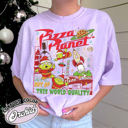 Pizza Planet Alien Shirt, Pizza Planet Christmas Shirt, Green Aliens Christmas Shirt, Santa Aliens Christmas Lights Tee, Very Merry Xmas Tee