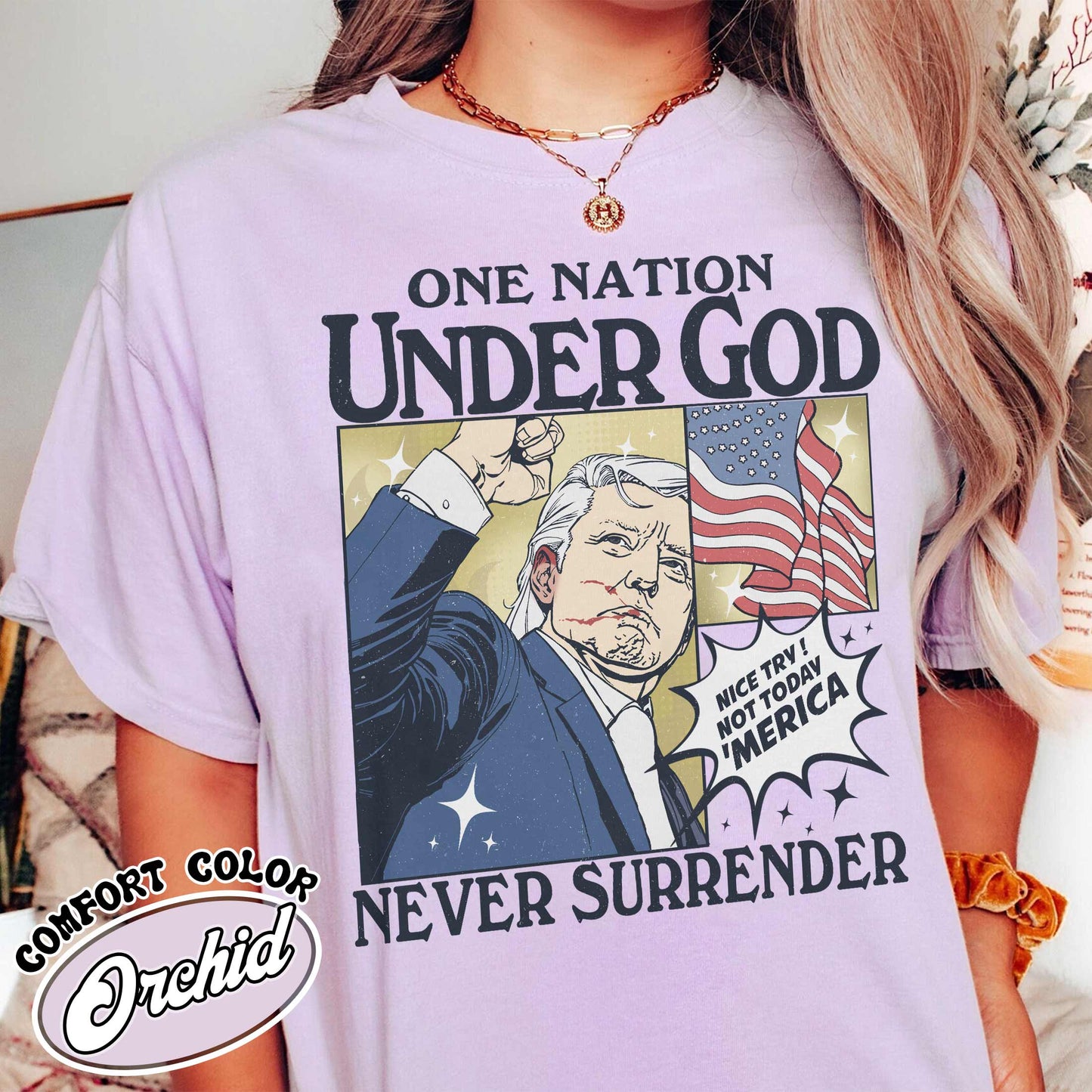 One Nation Under God Shirt, Assassination 2024 Shirt, Never Surrender Shirt, Shot Assassination Attempt Shirt, Rally Shooting American Shirt