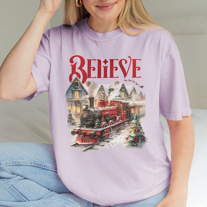 Believe Polar Express Christmas Train Shirt | Holiday Santa Sleigh Tee
