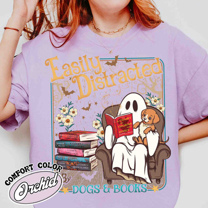 Easily Distracted Dogs And Books Shirt, Books And Dogs Shirt, Ghost Reading Books Shirt, Halloween Little Ghost Shirt, Book Lover Ghost Gift