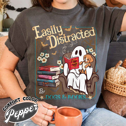 Easily Distracted Dogs And Books Shirt, Books And Dogs Shirt, Ghost Reading Books Shirt, Halloween Little Ghost Shirt, Book Lover Ghost Gift