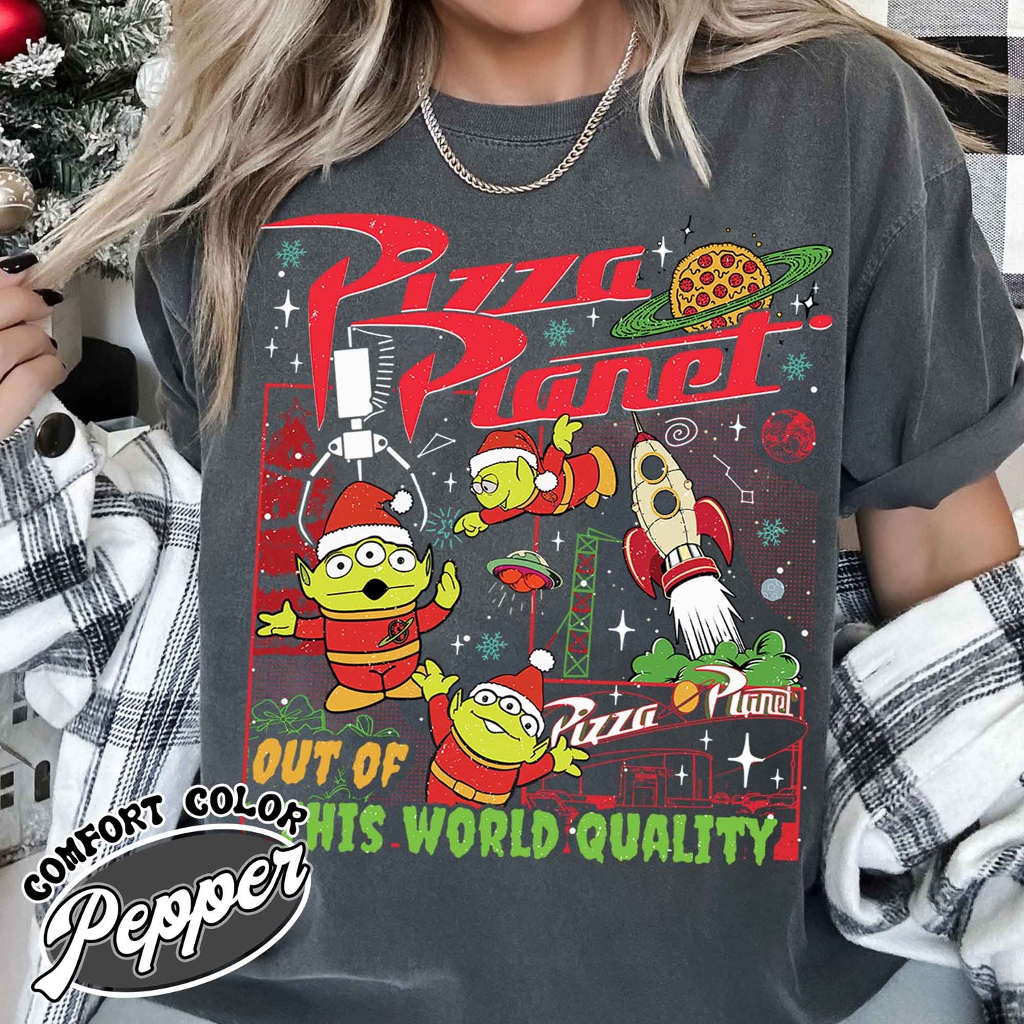 Pizza Planet Alien Shirt, Pizza Planet Christmas Shirt, Green Aliens Christmas Shirt, Santa Aliens Christmas Lights Tee, Very Merry Xmas Tee