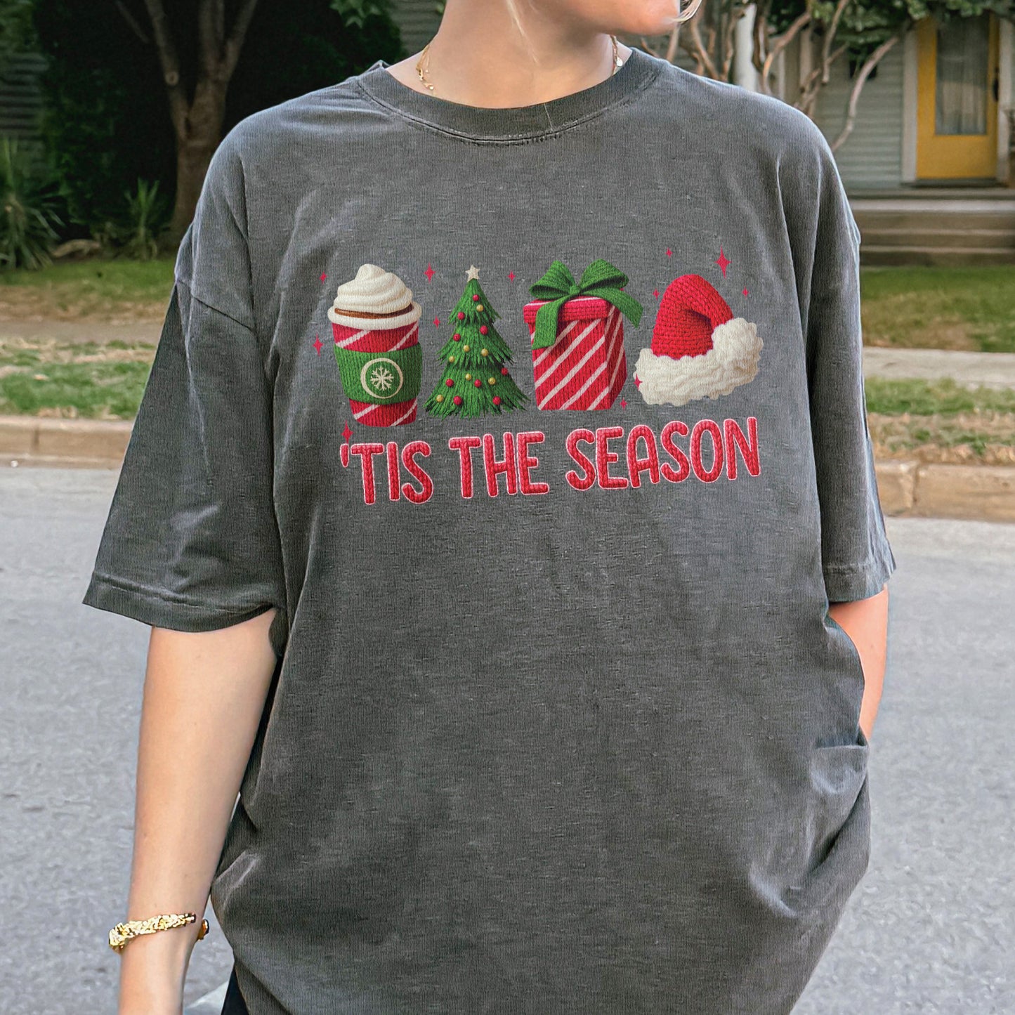 Tis The Season Shirt: Christmas Coffee, Holiday Gift, Santa Hat Tree, Festive Christmas Outfit Tshirt