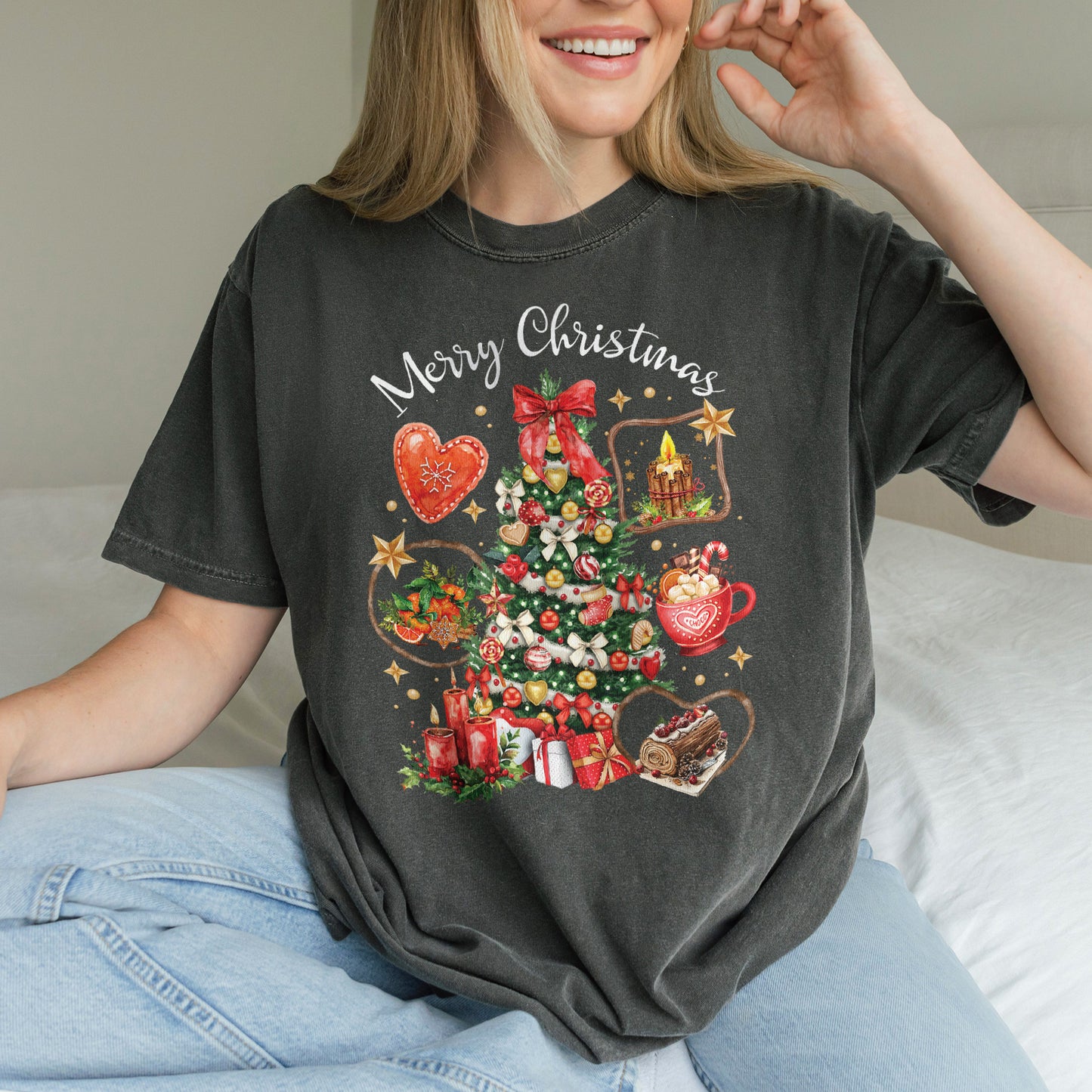 Vintage Merry Christmas Shirt – Christmas Tree Candy Cane Hot Cocoa Holiday Tee