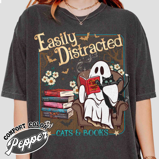 Easily Distracted Cats and Books Shirt, Books and Black Cats Shirt, Ghost Reading Books Shirt, Halloween Little Ghost Shirt, Book Lover Ghost