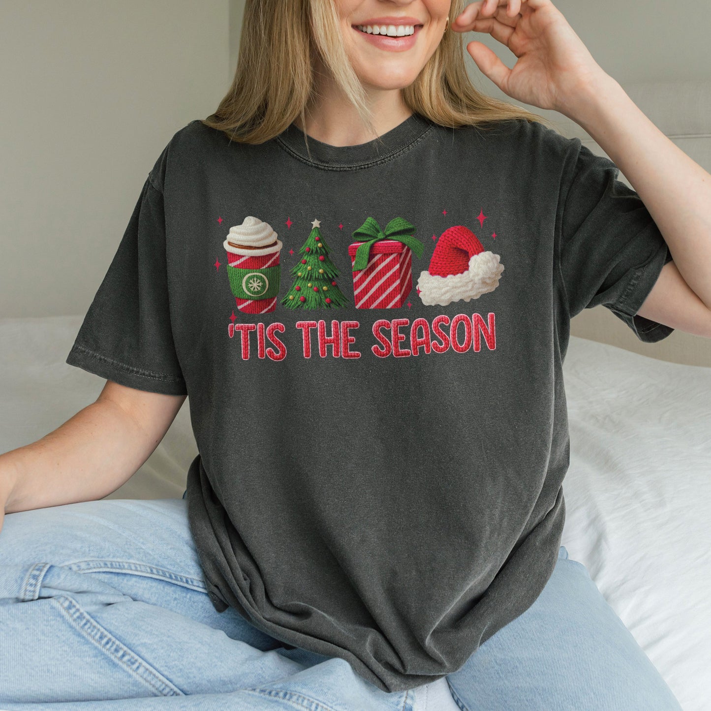 Tis The Season Shirt: Christmas Coffee, Holiday Gift, Santa Hat Tree, Festive Christmas Outfit Tshirt