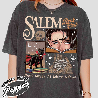 Retro Salem Book Club Comfort Colors Shirt, Bookish Halloween Tee, Black Cat Spooky Book Lover Shirt, Salem Witches, Spooky Season Fall