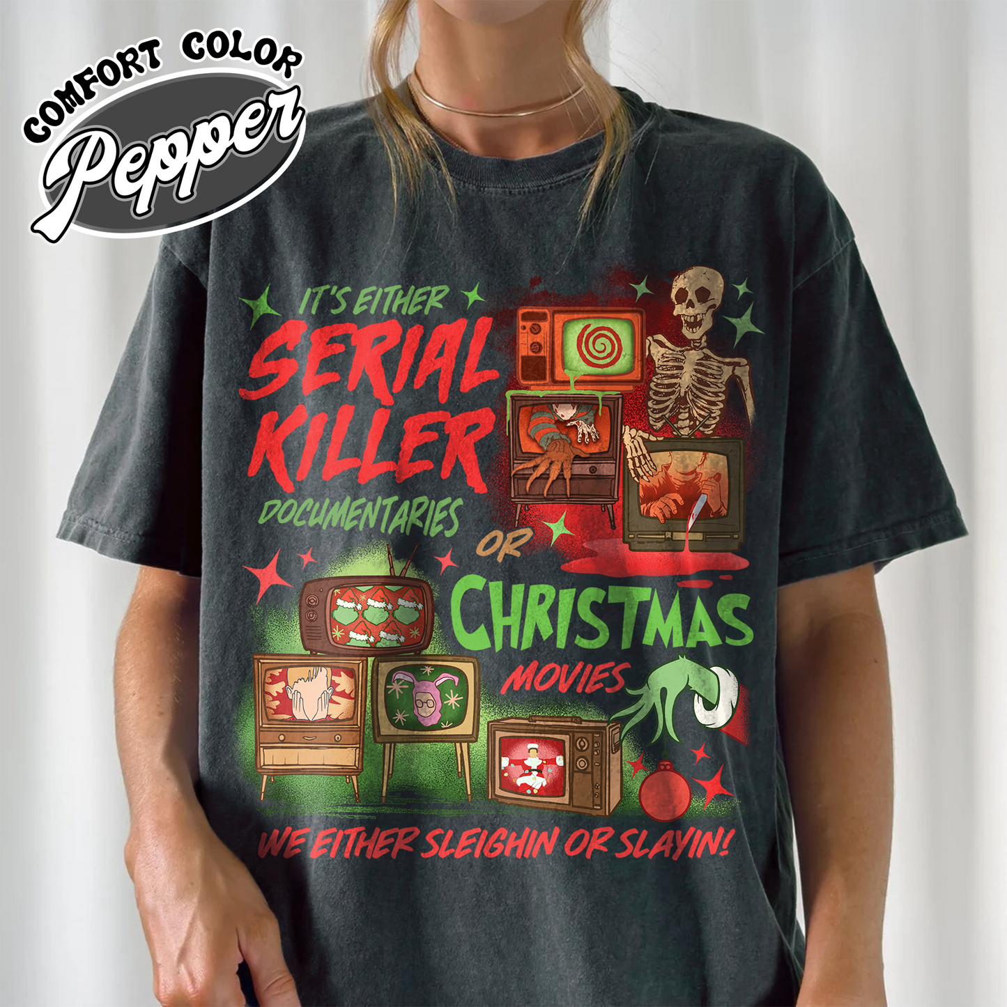 Slaying Or Sleighing Shirt,Horror Christmas Funny Christmas Shirt,Scary Christmas Shirt, Crime Documentaries,Christmas Movies  Shirt