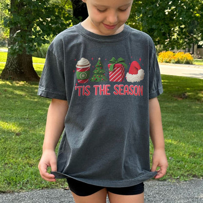 Tis The Season Shirt: Christmas Coffee, Holiday Gift, Santa Hat Tree, Festive Christmas Outfit Youth Tshirt