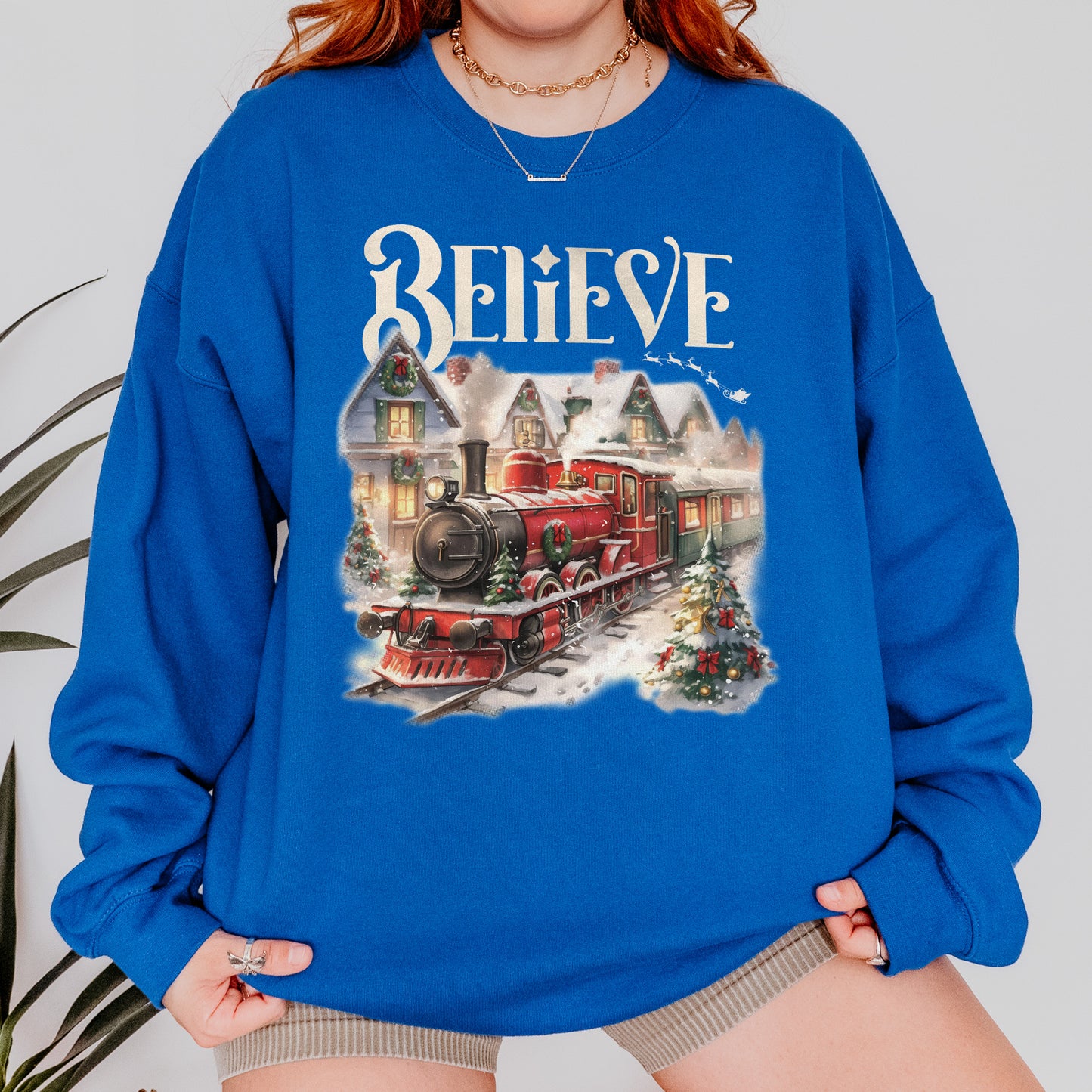 Believe Polar Express Christmas Train Sweatshirt | Holiday Santa Sleigh Sweatshirt