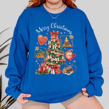 Vintage Merry Christmas Sweatshirt – Christmas Tree Candy Cane Hot Cocoa Holiday Sweatshirt