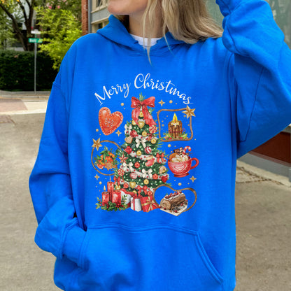 Vintage Merry Christmas Hoodie – Christmas Tree Candy Cane Hot Cocoa Holiday Hoodie