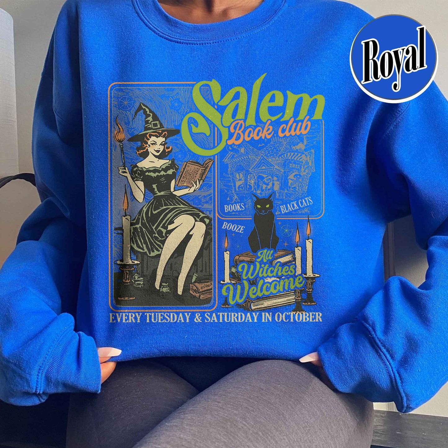 Halloween Bookish Sweatshirt, Salem Witch Book Club Sweatshirt, Black Cat Broom Sweatshirt