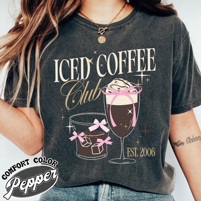 Iced Coffee Club Comfort Color Shirt, Coquette Shirt, Coquette Girl Shirt, Pink Bow Shirt, Iced Coffee Addict Shirt, Coffee First