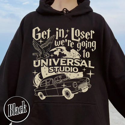 Wizard Flying Car Hoodie, Get In Loser We're Going To Universal Studios Hoodie, Theme Park Merch, Wizard Castle, Wizard School Hoodie