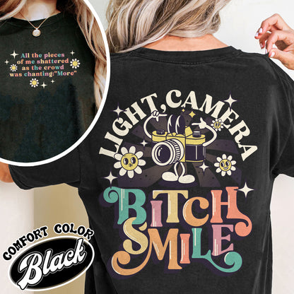 Lights Camera Bitch Smile Comfort Colors T-shirt, Swiftie Merch, Unisex Concert, Gift For Friend, Ttdp Tshirt, Tortured Poets Tshirt