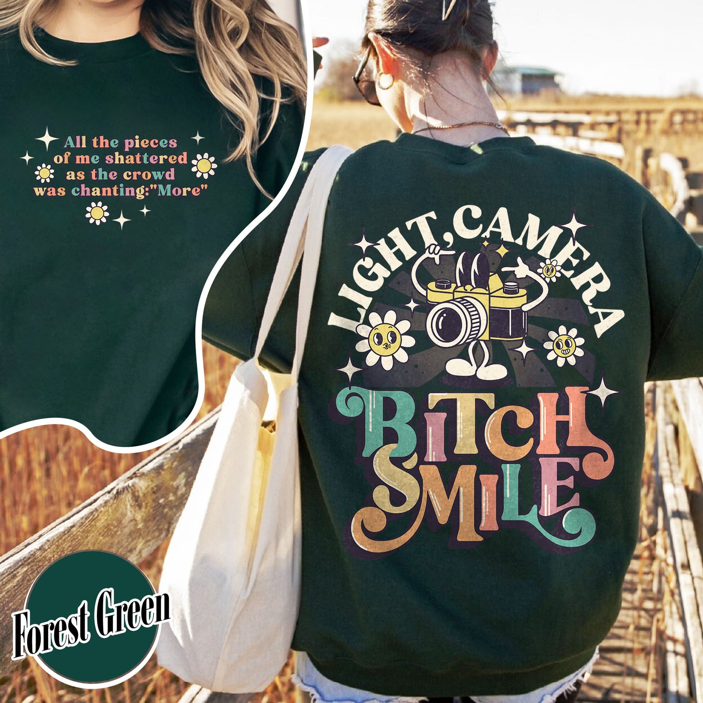 Lights Camera Bitch Smile Sweatshirt, Swiftie Merch, Ttp Lyrics Sweatshirts, Unisex Concert, Gift For Friend, Ttdp Tshirt, Tortured Poets Sweatshirt