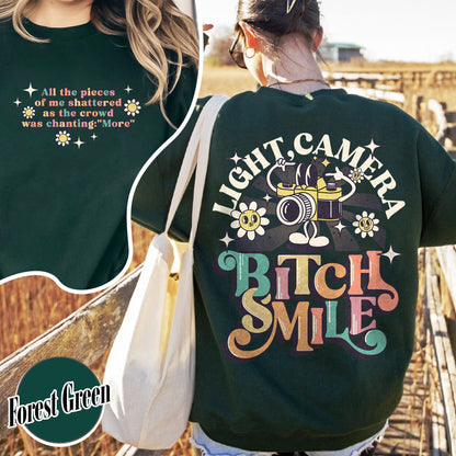 Lights Camera Bitch Smile Sweatshirt, Swiftie Merch, Ttp Lyrics Sweatshirts, Unisex Concert, Gift For Friend, Ttdp Tshirt, Tortured Poets Sweatshirt