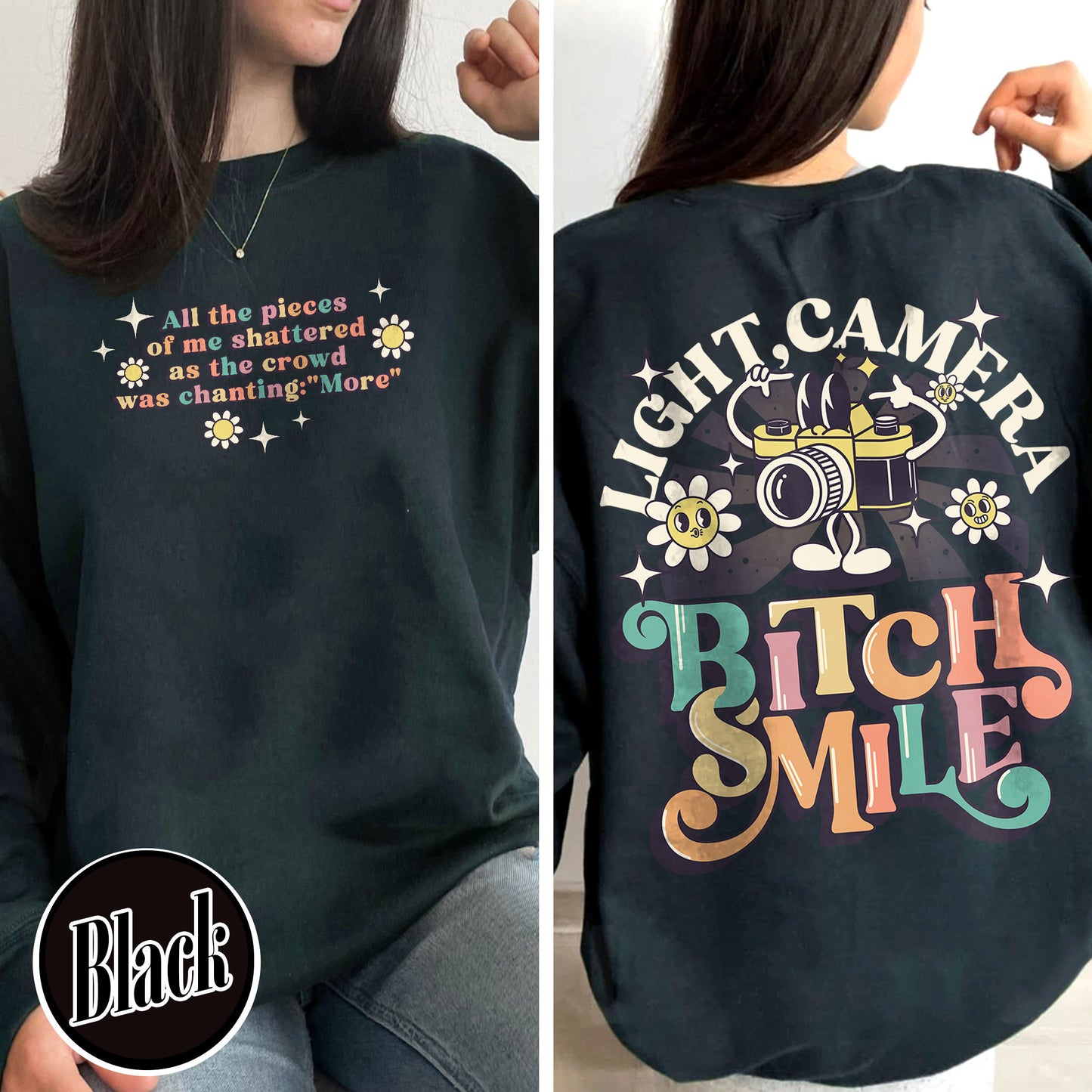 Lights Camera Bitch Smile Sweatshirt, Swiftie Merch, Ttp Lyrics Sweatshirts, Unisex Concert, Gift For Friend, Ttdp Tshirt, Tortured Poets Sweatshirt