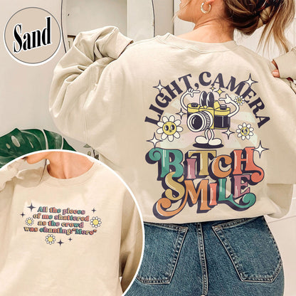Lights Camera Bitch Smile Sweatshirt, Swiftie Merch, Ttp Lyrics Sweatshirts, Unisex Concert, Gift For Friend, Ttdp Tshirt, Tortured Poets Sweatshirt