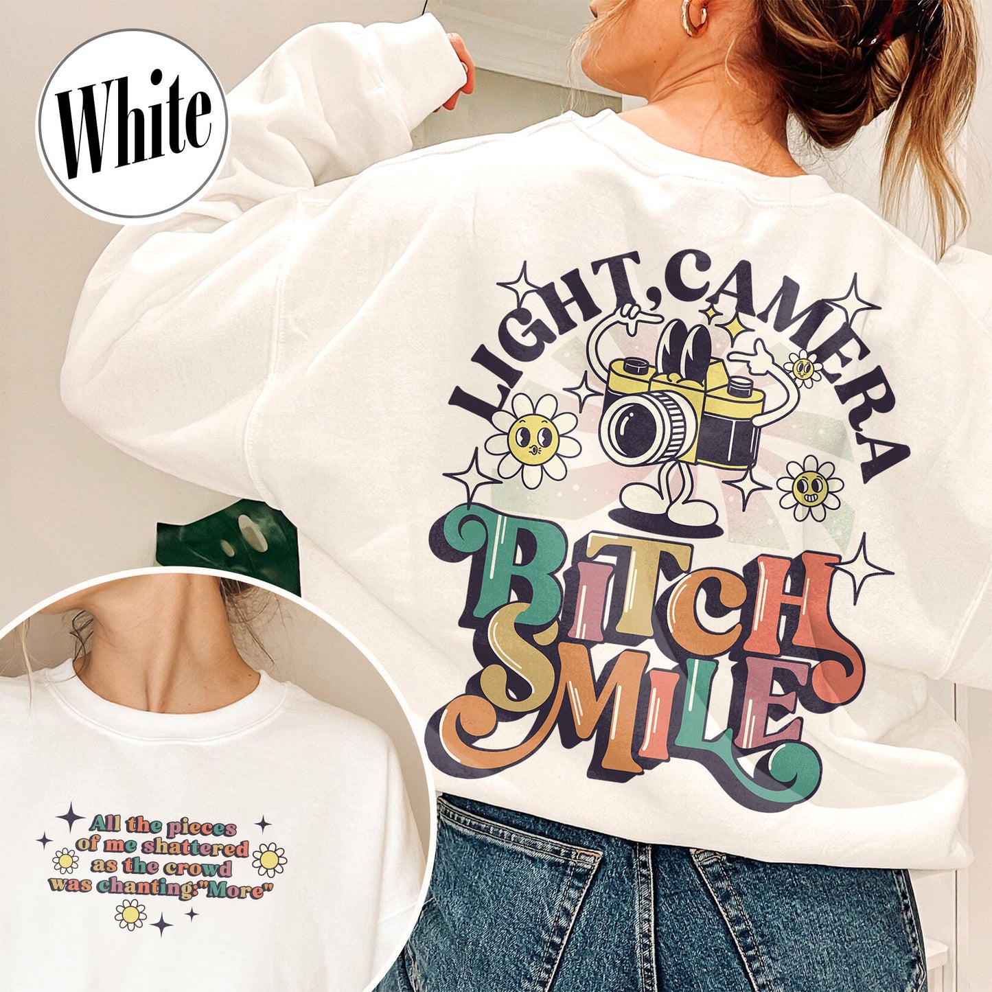 Lights Camera Bitch Smile Sweatshirt, Swiftie Merch, Ttp Lyrics Sweatshirts, Unisex Concert, Gift For Friend, Ttdp Tshirt, Tortured Poets Sweatshirt