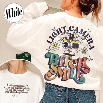 Lights Camera Bitch Smile Sweatshirt, Swiftie Merch, Ttp Lyrics Sweatshirts, Unisex Concert, Gift For Friend, Ttdp Tshirt, Tortured Poets Sweatshirt