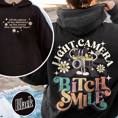 Lights Camera Bitch Smile Hoodie, Swiftie Merch, Ttp Lyrics Hoodie, Unisex Concert, Gift For Friend, Ttdp Hoodie, Tortured Poets Hoodie