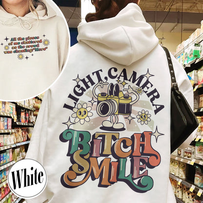 Lights Camera Bitch Smile Hoodie, Swiftie Merch, Ttp Lyrics Hoodie, Unisex Concert, Gift For Friend, Ttdp Hoodie, Tortured Poets Hoodie