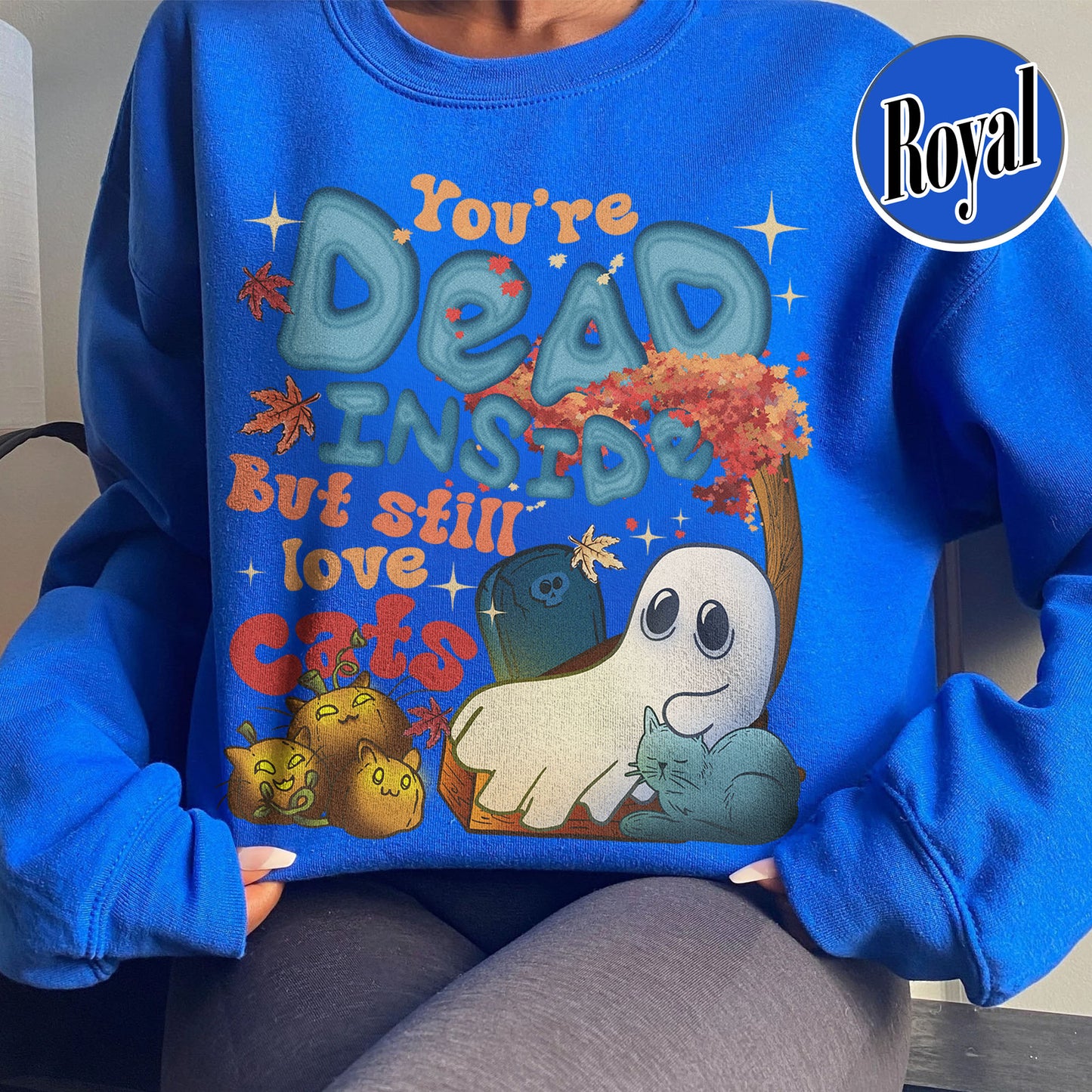 Halloween Cat Sweatshirt, Dead Inside but Still Love Cats Sweatshirt, Ghost Holding Black Cat Sweatshirt