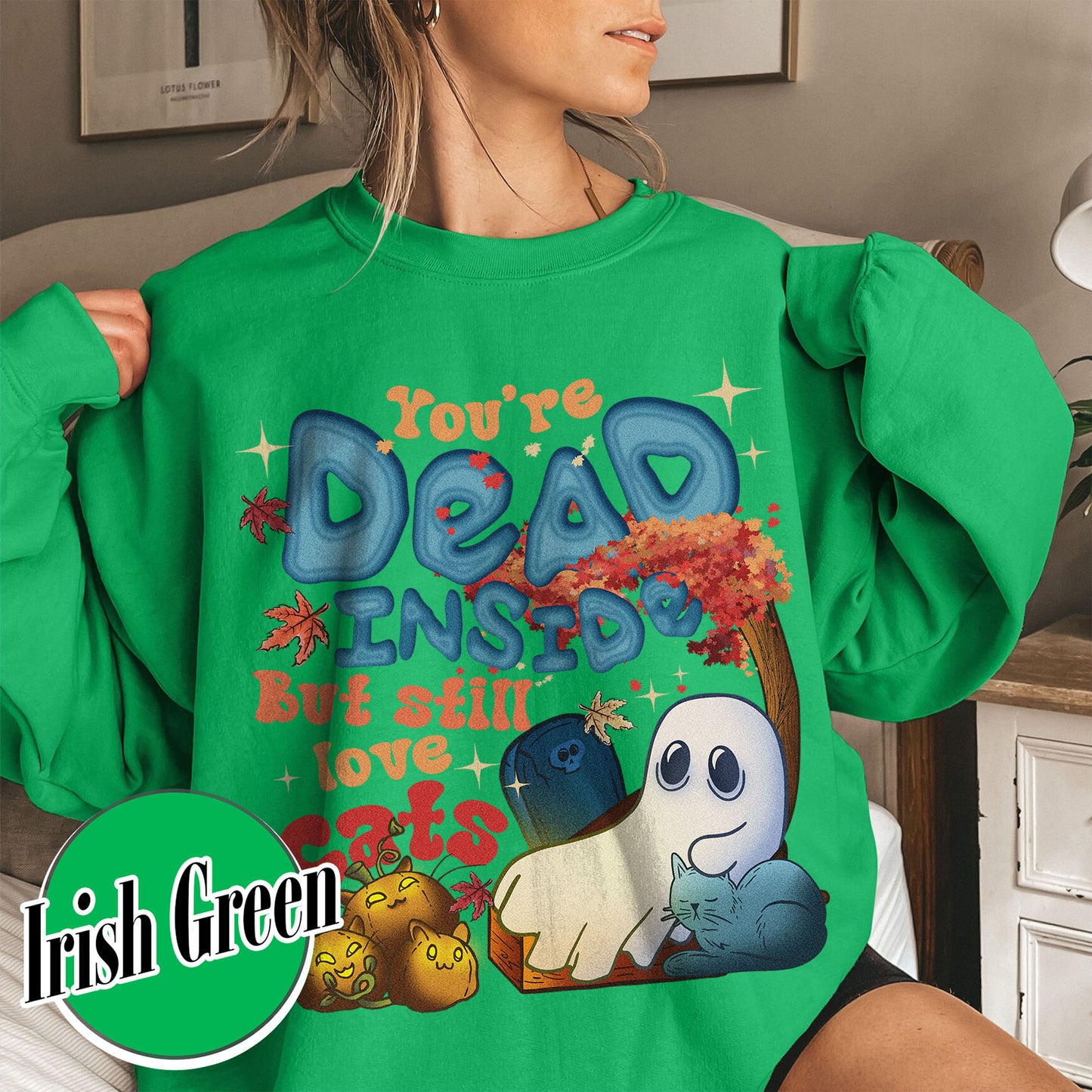 Halloween Cat Sweatshirt, Dead Inside but Still Love Cats Sweatshirt, Ghost Holding Black Cat Sweatshirt