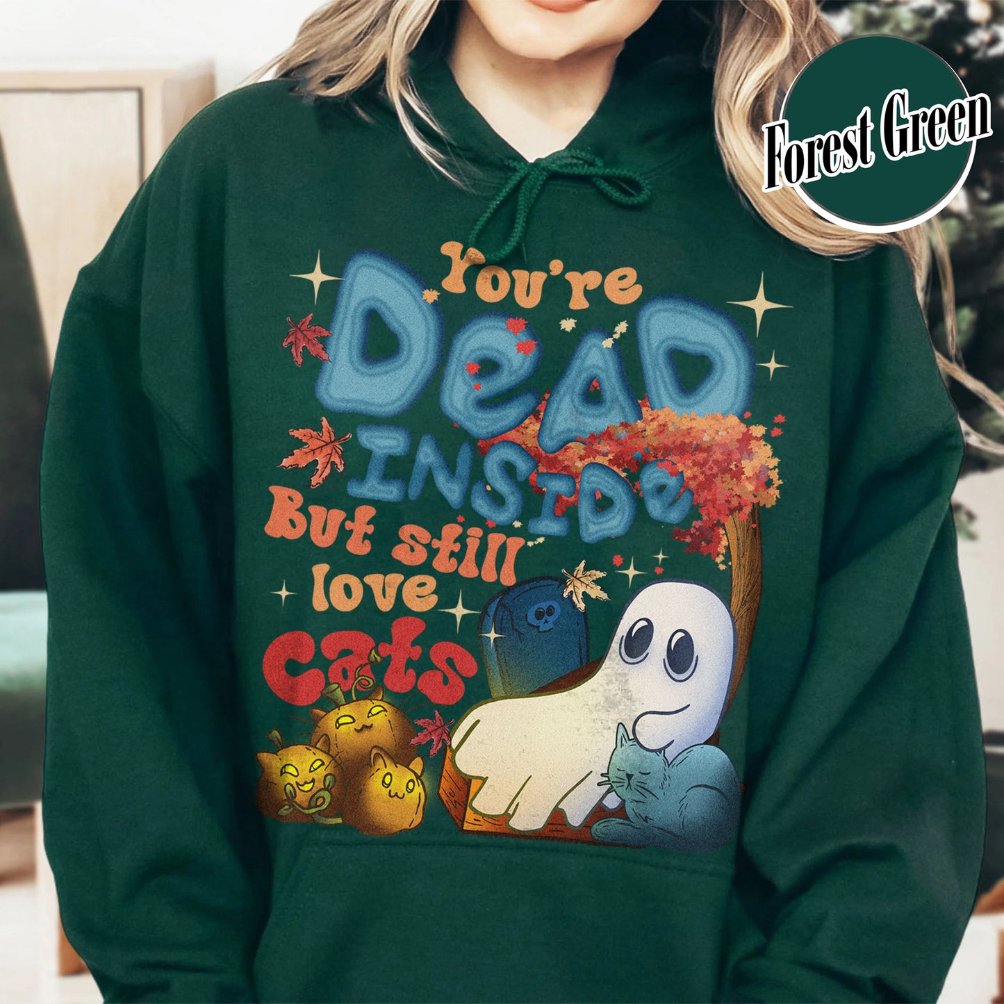 Halloween Cat Hoodie, Dead Inside but Still Love Cats Hoodie, Ghost Holding Black Cat Hoodie