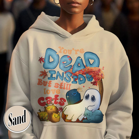 Halloween Cat Hoodie, Dead Inside but Still Love Cats Hoodie, Ghost Holding Black Cat Hoodie