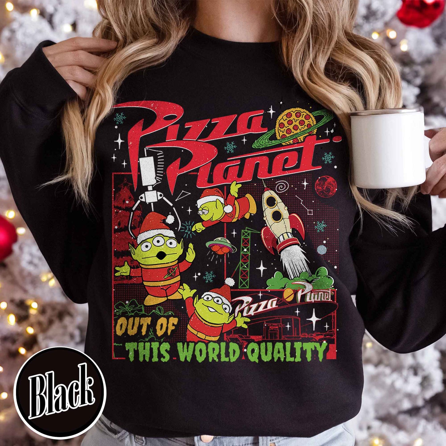 Pizza Planet Alien Sweatshirt, Pizza Planet Christmas Sweatshirt, Green Aliens Christmas Sweatshirt, Santa Aliens Christmas Lights Sweatshirt, Very Merry Xmas Sweatshirt