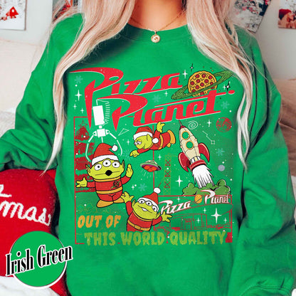 Pizza Planet Alien Sweatshirt, Pizza Planet Christmas Sweatshirt, Green Aliens Christmas Sweatshirt, Santa Aliens Christmas Lights Sweatshirt, Very Merry Xmas Sweatshirt