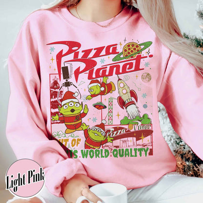 Pizza Planet Alien Sweatshirt, Pizza Planet Christmas Sweatshirt, Green Aliens Christmas Sweatshirt, Santa Aliens Christmas Lights Sweatshirt, Very Merry Xmas Sweatshirt