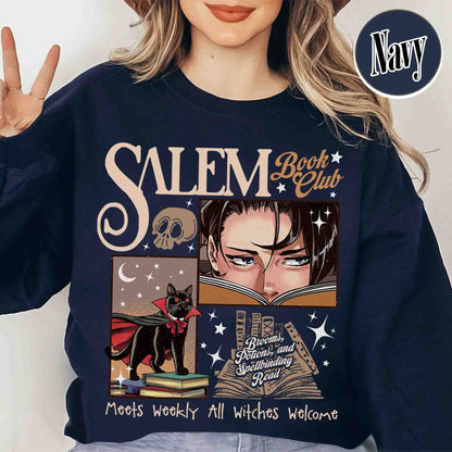 Halloween Sweatshirt, Retro Salem Book Club Sweatshirt, Black Cat Spooky Book Lover Sweatshirt